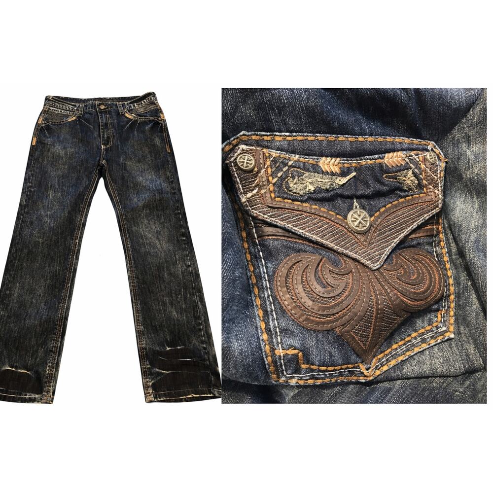 Demolition Jeans Men Distressed Straight Leg Heavy Stitch Denim Pants Embroidery